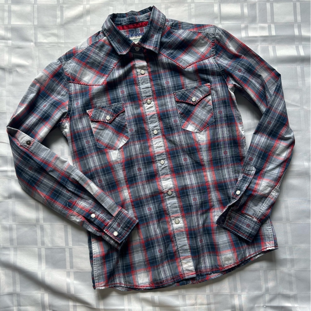 Panhandle Slim Red & Blue Plaid Long Sleeve Roll Tab Clasp Closure Western Top